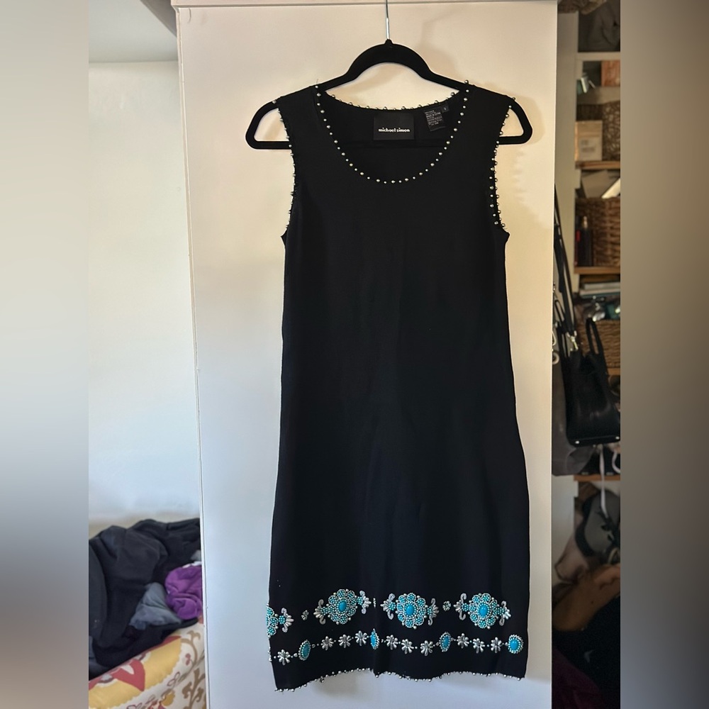 Vintage Michael Simon Black Midi Dress with Turquoise silver Accents. Small